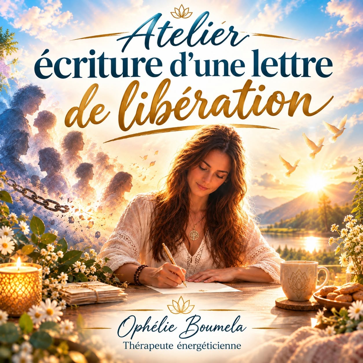 Atelier écriture d’une lettre de libération : une femme écrit dans une ambiance lumineuse, avec des oiseaux et des fleurs. Ophélie Boumela, thérapeute énergéticienne.